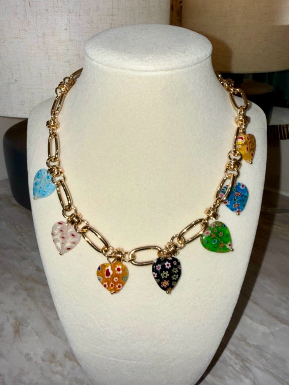 Camila Coelho Gold Chain Necklace with Multicolor Heart Glass Charms